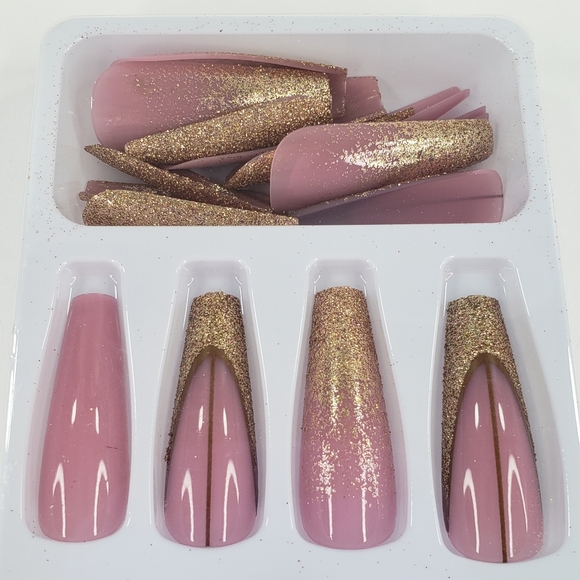 Pink Gold Glitter Design False Nails Press On 25 Pc Set Long Coffin Shape w Glue - Picture 4 of 6